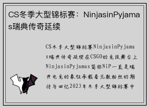 CS冬季大型锦标赛：NinjasinPyjamas瑞典传奇延续