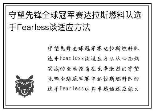 守望先锋全球冠军赛达拉斯燃料队选手Fearless谈适应方法