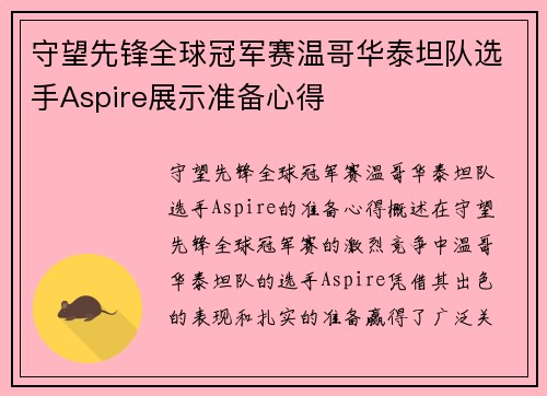 守望先锋全球冠军赛温哥华泰坦队选手Aspire展示准备心得